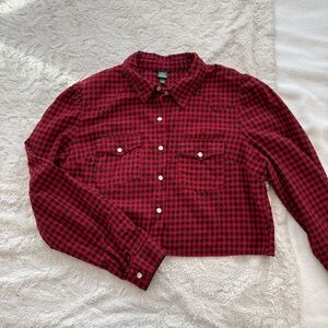 Red & Black Plaid Cropped Flannel Button Down Shirt